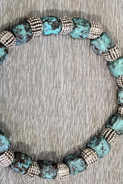 Men's Bali Silver and Turquoise Cube Beaded Bracelet