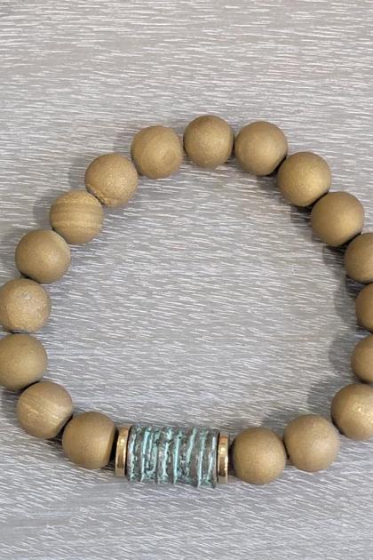 Men's Matte Gold Druzy Agate Bead Bracelet with Rustic Verdigris Barrel