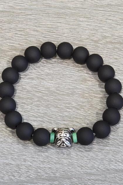 Men's Black Bead with Silver Bull Dog and Turquoise Accents Bracelet