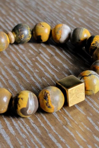 Men's Bumble Bee Jasper and Hematite Cube Bracelet