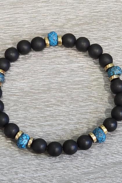 Men's Matte Black Beaded Bracelet with Caribbean Blue Stations