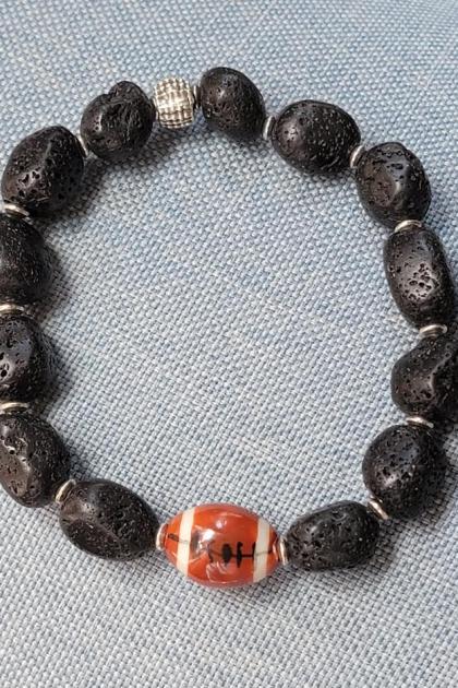 Men's Ceramic Football Bracelet with Black Oval Lava Beads