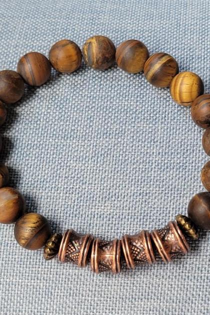 Men's Matte Tiger's Eye Beaded Bracelet with Copper Accents