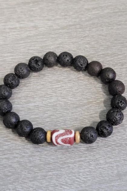 Men's Maroon Swirl Glass Tribal Bracelet with Lava Beads