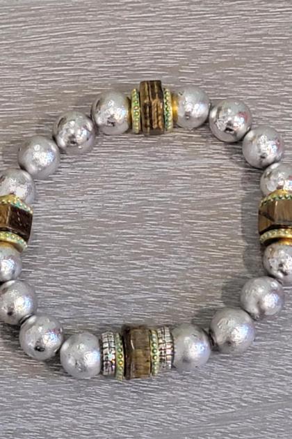 Men's Foiled and Frosty Silver and Tiger Eye Hexagonal Beaded Bracelet