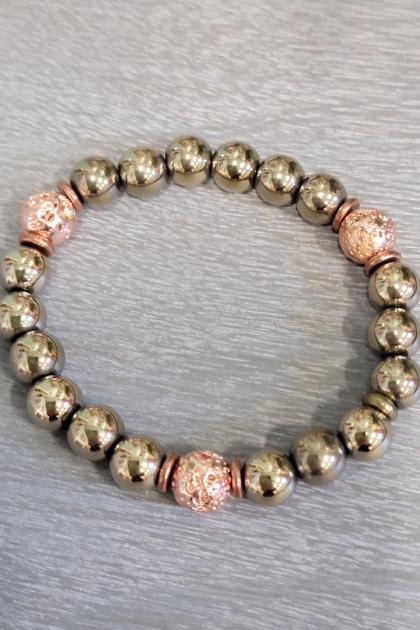 Men's Headbanging Pyrite and Copper Toned Beaded Bracelet