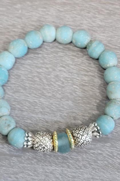 Men's Rustic Blue Bracelet with Silver Pineapples and Blue Glass