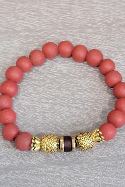 Men's Rustic Brick Red Bracelet with Gold Pineapples and Garnet Glass