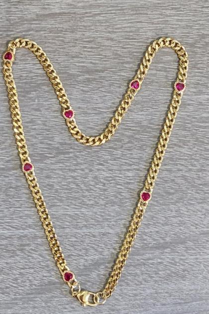 Gold Curb Chain with Magenta Heart Stations