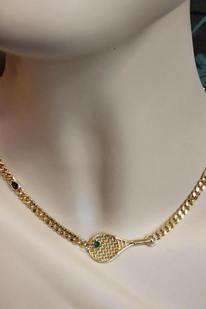 Golden Tennis Racquet Curb Chain Necklace with Emerald Green Accents