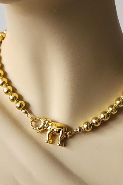 Gold Bead Necklace with Elephant Clasp