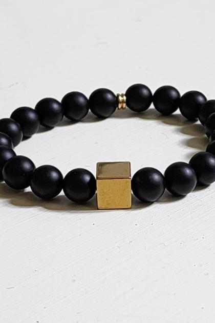 Men's Black Matte Onyx Beaded Bracelet with Gold Hematite Cube