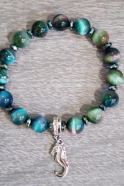 Green Blue Pink Tiger's Eye Seahorse Stretchy Bracelet