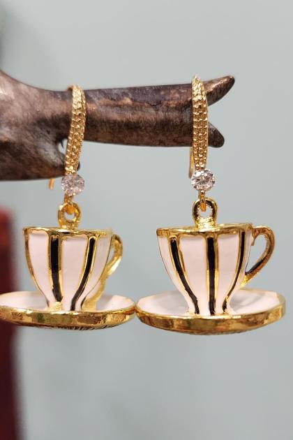 Black and White Striped Tea Cup Earrings