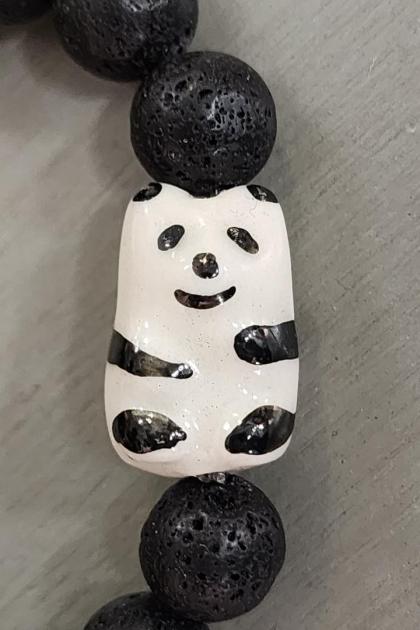 Porcelain Panda and Black Lava Bead Stretchy Bracelet
