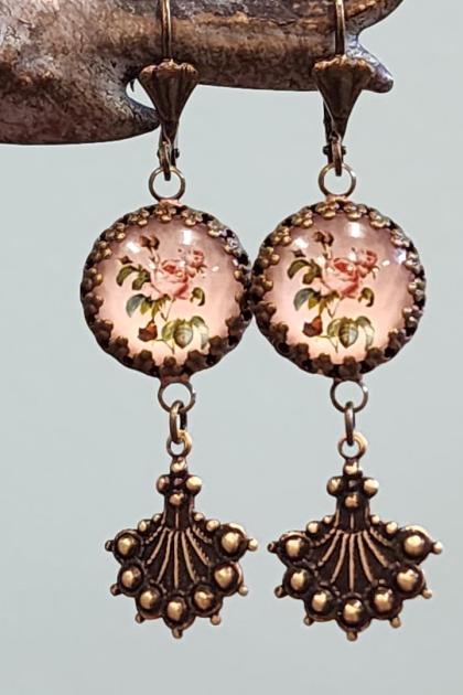 Pink Floral Vintage Style Antique Brass Drop Earrings