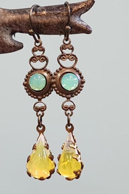 Luminescent Green and Yellow Filigree Drop Earrings
