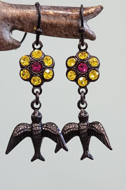 Yellow and Pink Rhinestone Flower and Black Bird Earrings