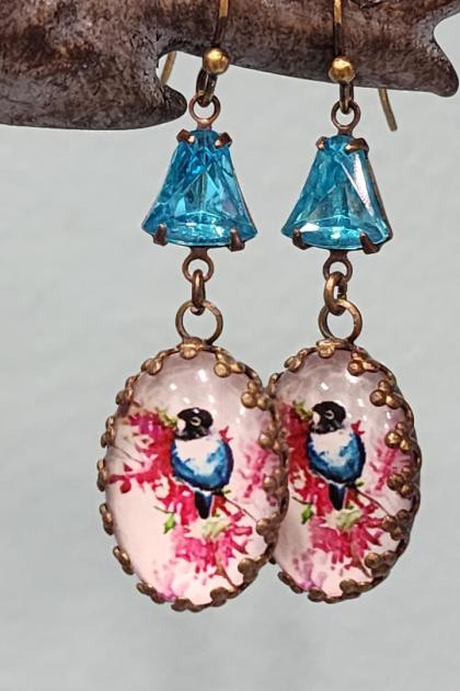 Blue Bird with Pink Branches Earrings