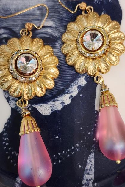 Large Rhinestone Flower and Hot Pink Drop Earrings