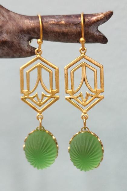 Art Deco Earrings with Lime Green Frosted Stones